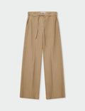Beige wide-leg pants with a belt on a white background