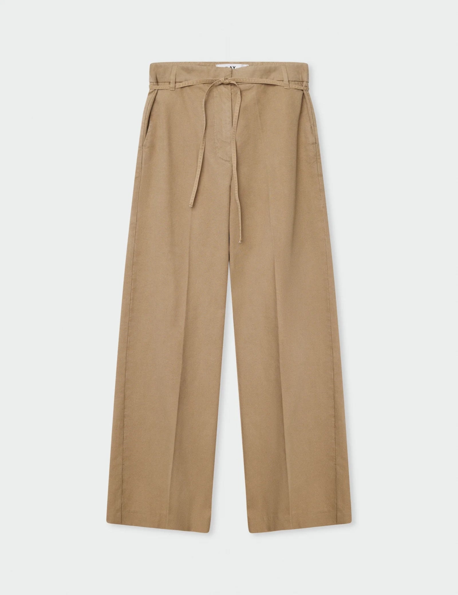 Beige wide-leg pants with a belt on a white background