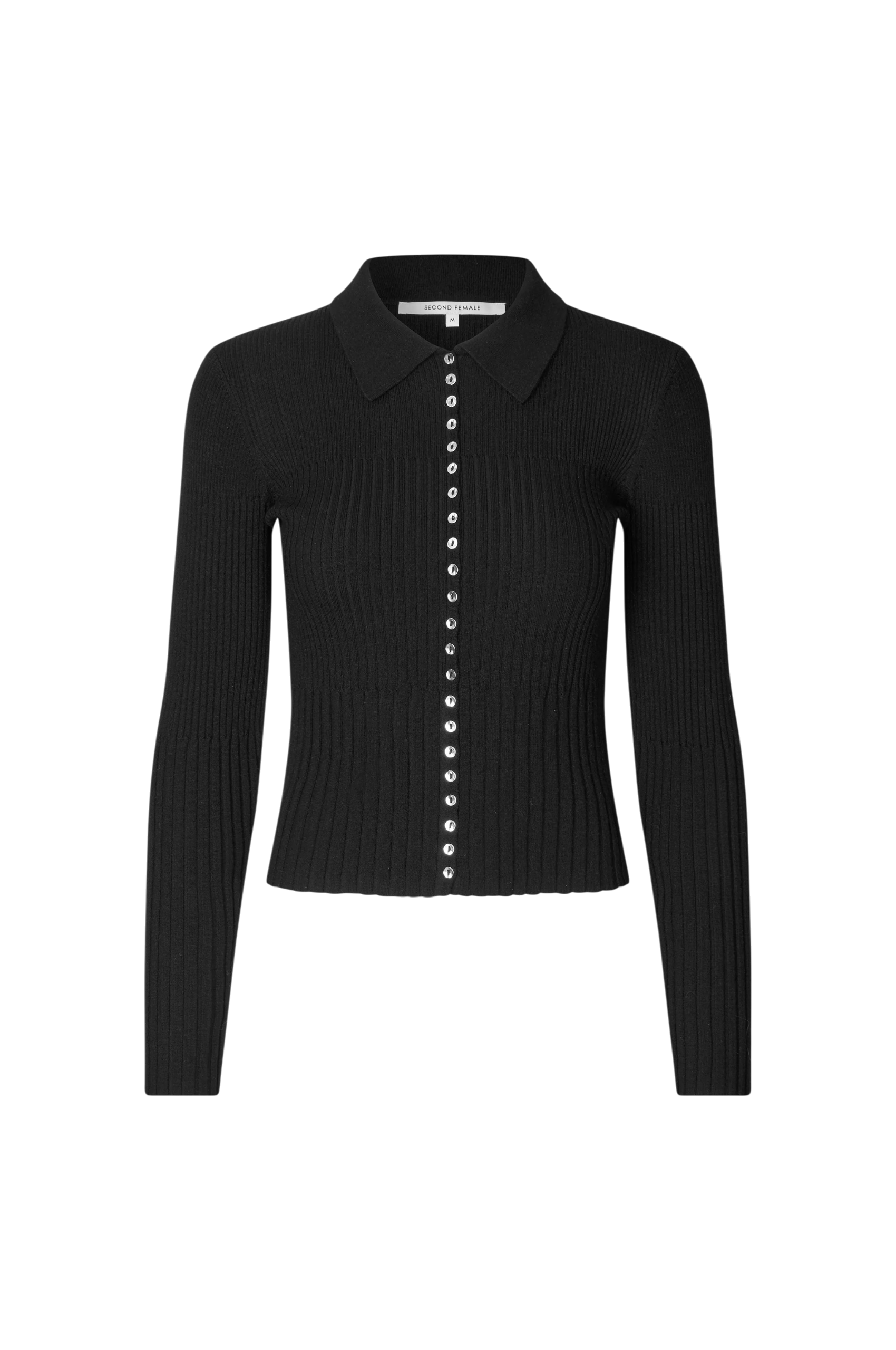 Black ribbed sweater with button details on a white background.Jet Knit Cardigan second female 