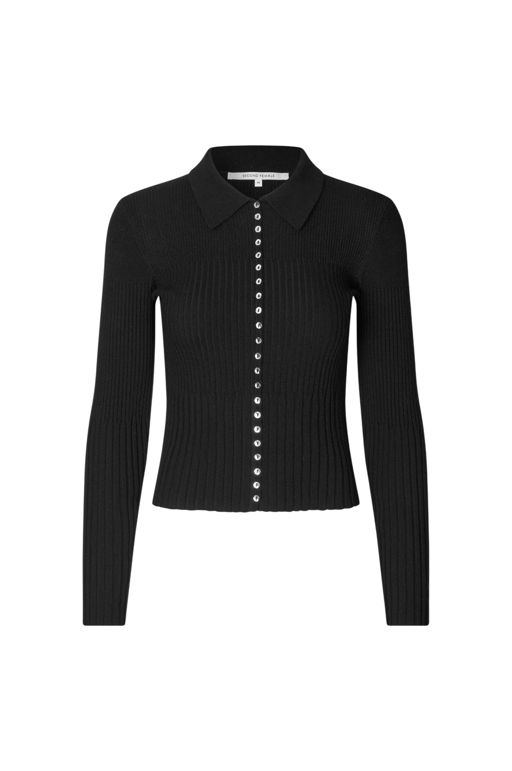 Black ribbed sweater with button details on a white background.Jet Knit Cardigan second female 