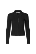 Black ribbed sweater with button details on a white background.Jet Knit Cardigan second female 