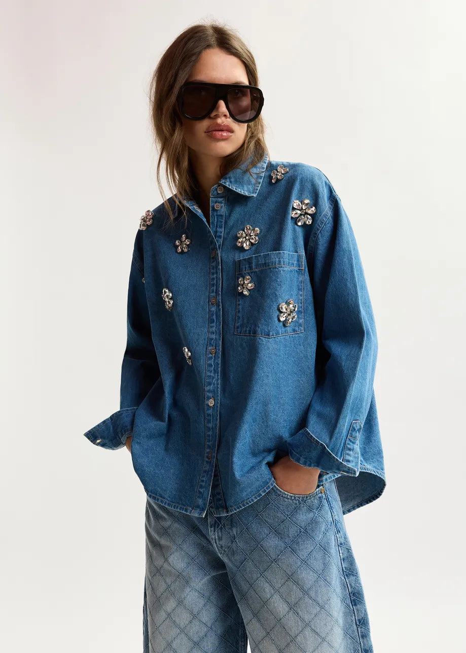 Denim shirt, with rhinestone floral decorations