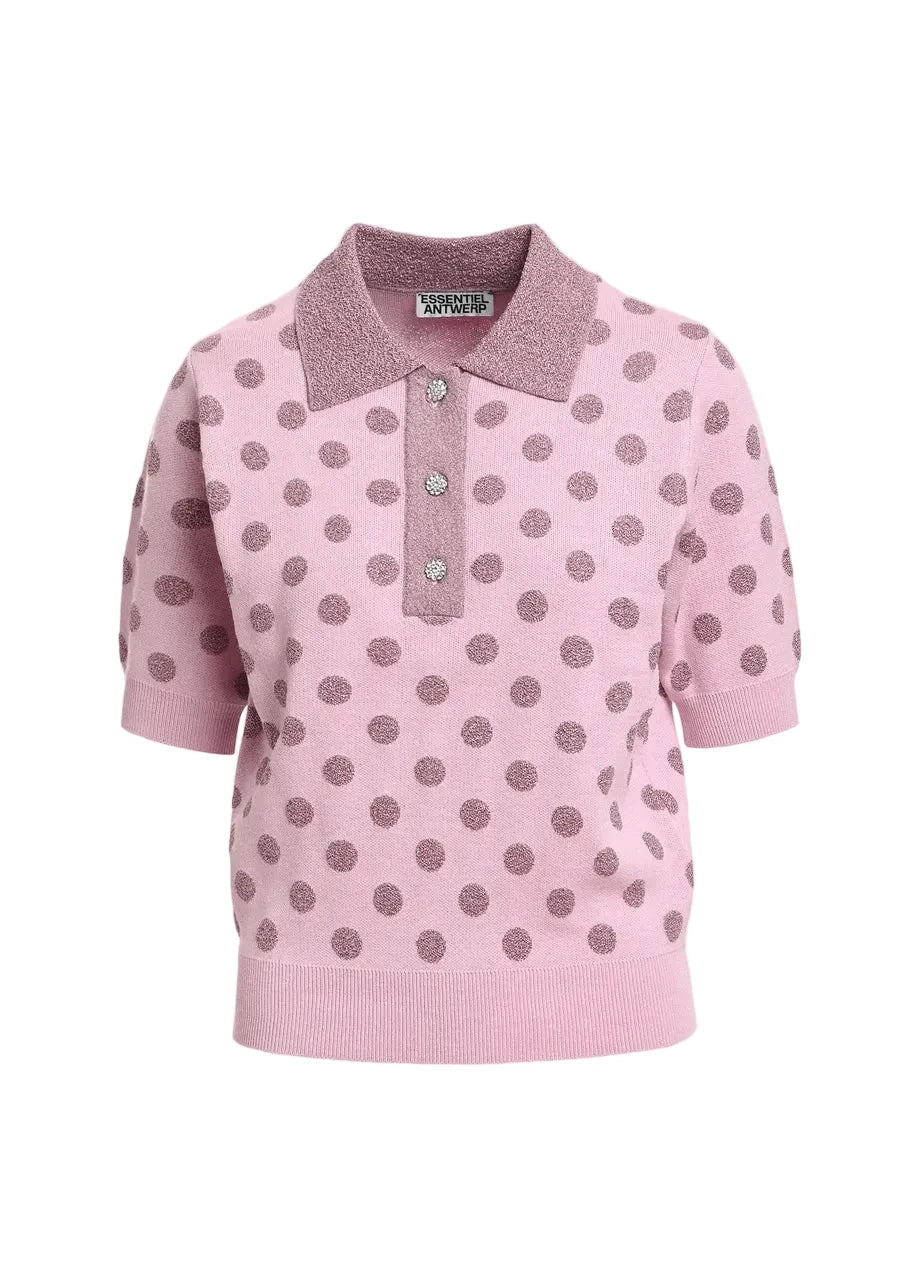 KRAB-K1BH

Essentiel Antwerp polka-dot knit polo top crafted in a fine knit with a subtly textured pattern that adds dimension to the surface. The relaxed silhouette is complemented by short sleeves, a classic polo collar and a rhinestone-encrushed button placket for a timeless finish. Ribbed trims complete the design with a neat and structured touch.
