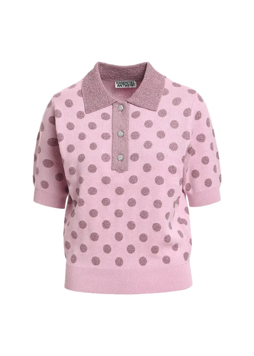 KRAB-K1BH

Essentiel Antwerp polka-dot knit polo top crafted in a fine knit with a subtly textured pattern that adds dimension to the surface. The relaxed silhouette is complemented by short sleeves, a classic polo collar and a rhinestone-encrushed button placket for a timeless finish. Ribbed trims complete the design with a neat and structured touch.