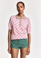 KRAB-K1BH

Essentiel Antwerp polka-dot knit polo top crafted in a fine knit with a subtly textured pattern that adds dimension to the surface. The relaxed silhouette is complemented by short sleeves, a classic polo collar and a rhinestone-encrushed button placket for a timeless finish. Ribbed trims complete the design with a neat and structured touch.