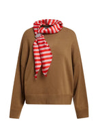 KURTIS-CC05

Essentiel Antwerp soft sweater spun from a wool-blend knit, designed in a relaxed silhouette with dropped shoulders and ribbed trims. The standout detail is the attached striped scarf finished with sparkling embellishments, adding a playful twist.