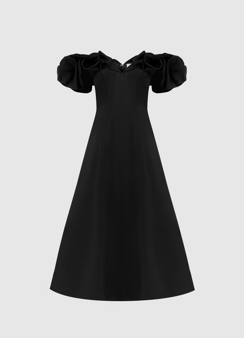 an off-shoulder midi dress with frill sleeves and a wide V neckline. The dress is black with an A-line silhouette.