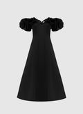 an off-shoulder midi dress with frill sleeves and a wide V neckline. The dress is black with an A-line silhouette.