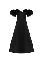 an off-shoulder midi dress with frill sleeves and a wide V neckline. The dress is black with an A-line silhouette.