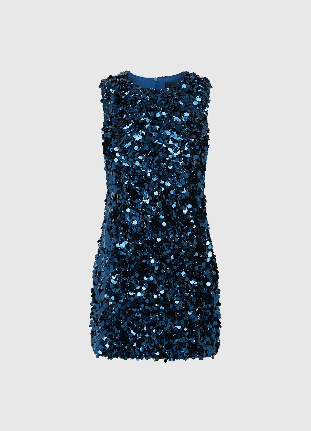 midnight blue sequin mini dress with a high scoop neckline and sleeveless design.