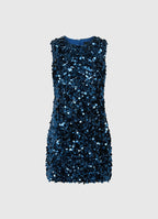 midnight blue sequin mini dress with a high scoop neckline and sleeveless design.