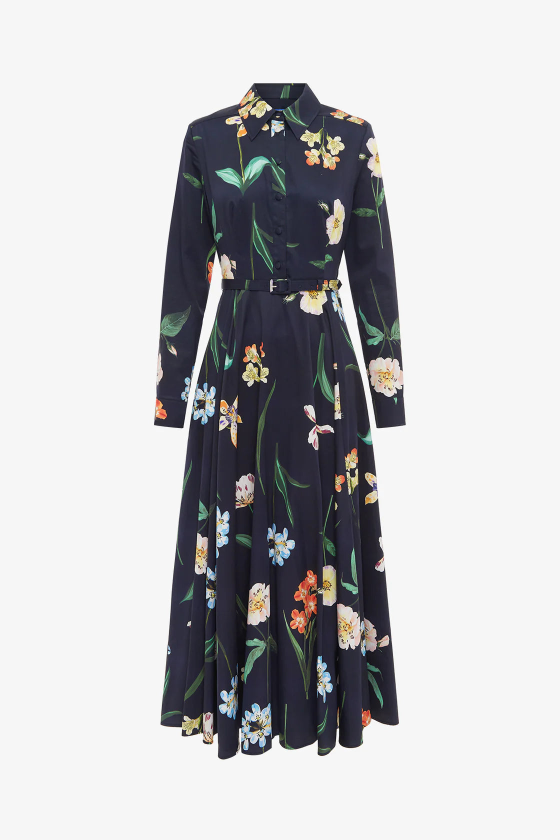 Leo lin Navy dress with colorful floral pattern on a white background shop online 