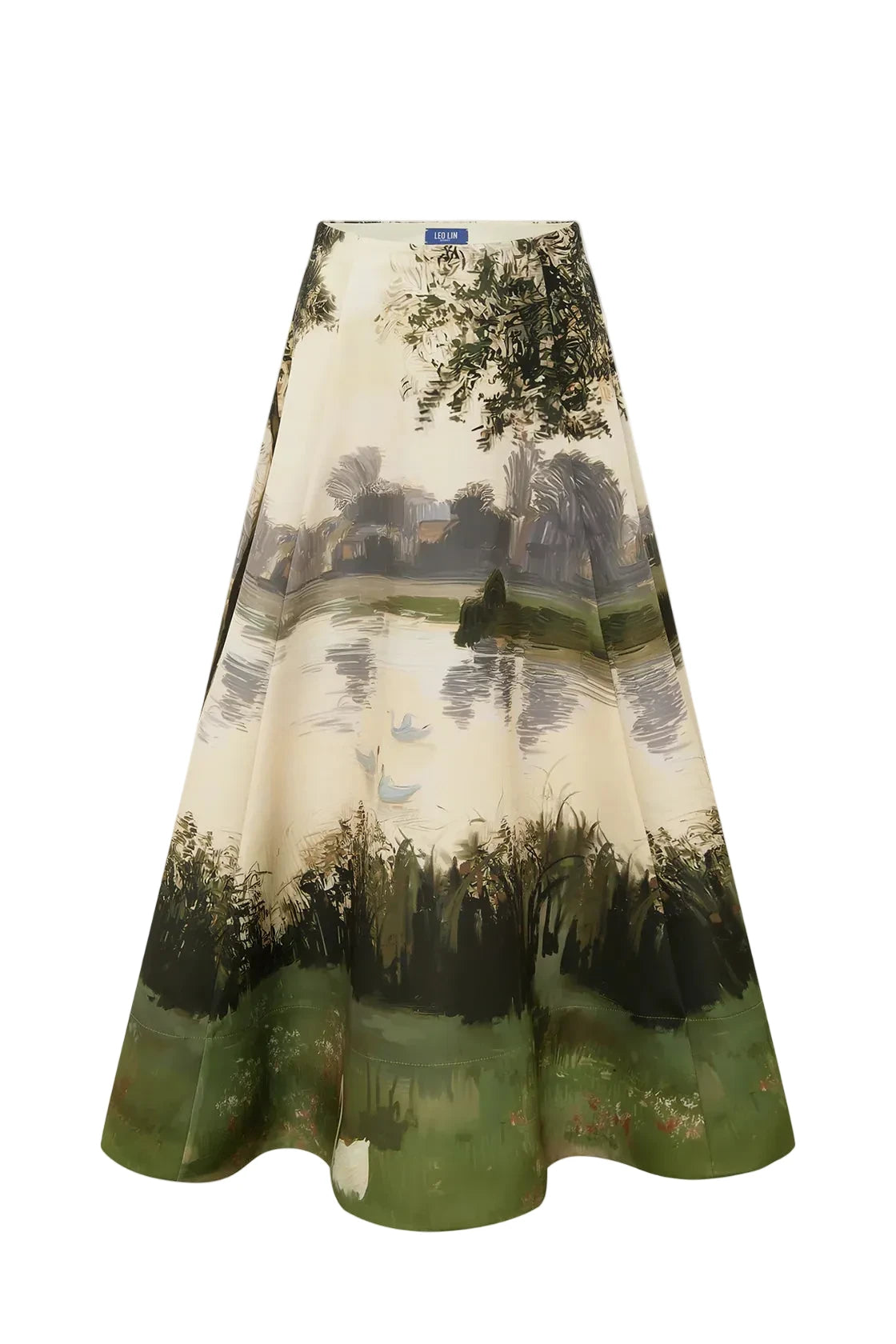 A high-waisted A-line midi skirt featuring a scenic landscape print of a lake, trees, and grassy fields in muted green, brown, and beige tones, shown against a plain white background.