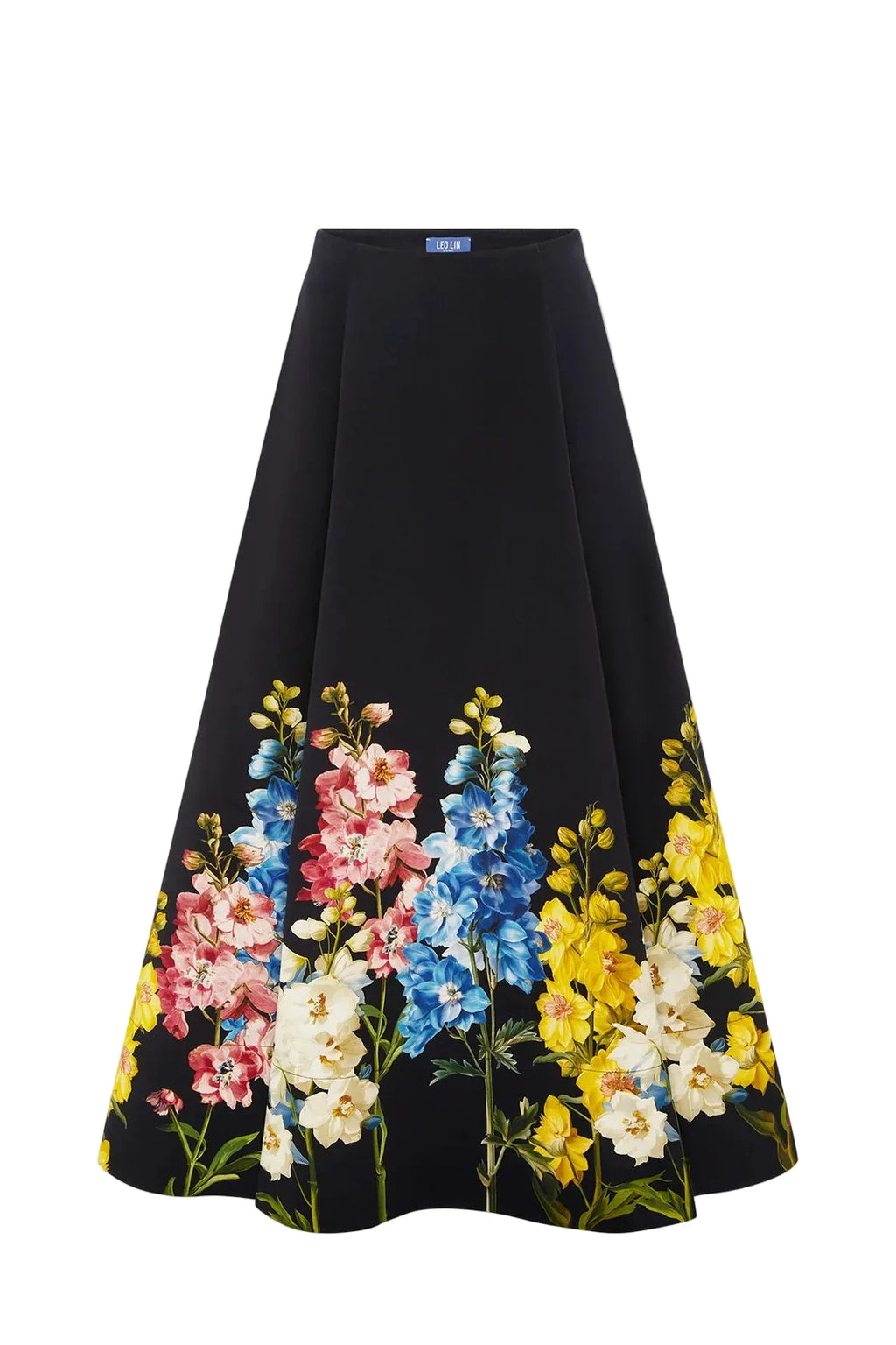 Black skirt with colorful floral pattern on a white background