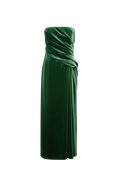 A strapless dark green velvet dress with a ruched draped bodice and a side slit, shown against a plain white background.