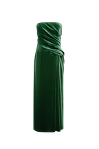 A strapless dark green velvet dress with a ruched draped bodice and a side slit, shown against a plain white background.