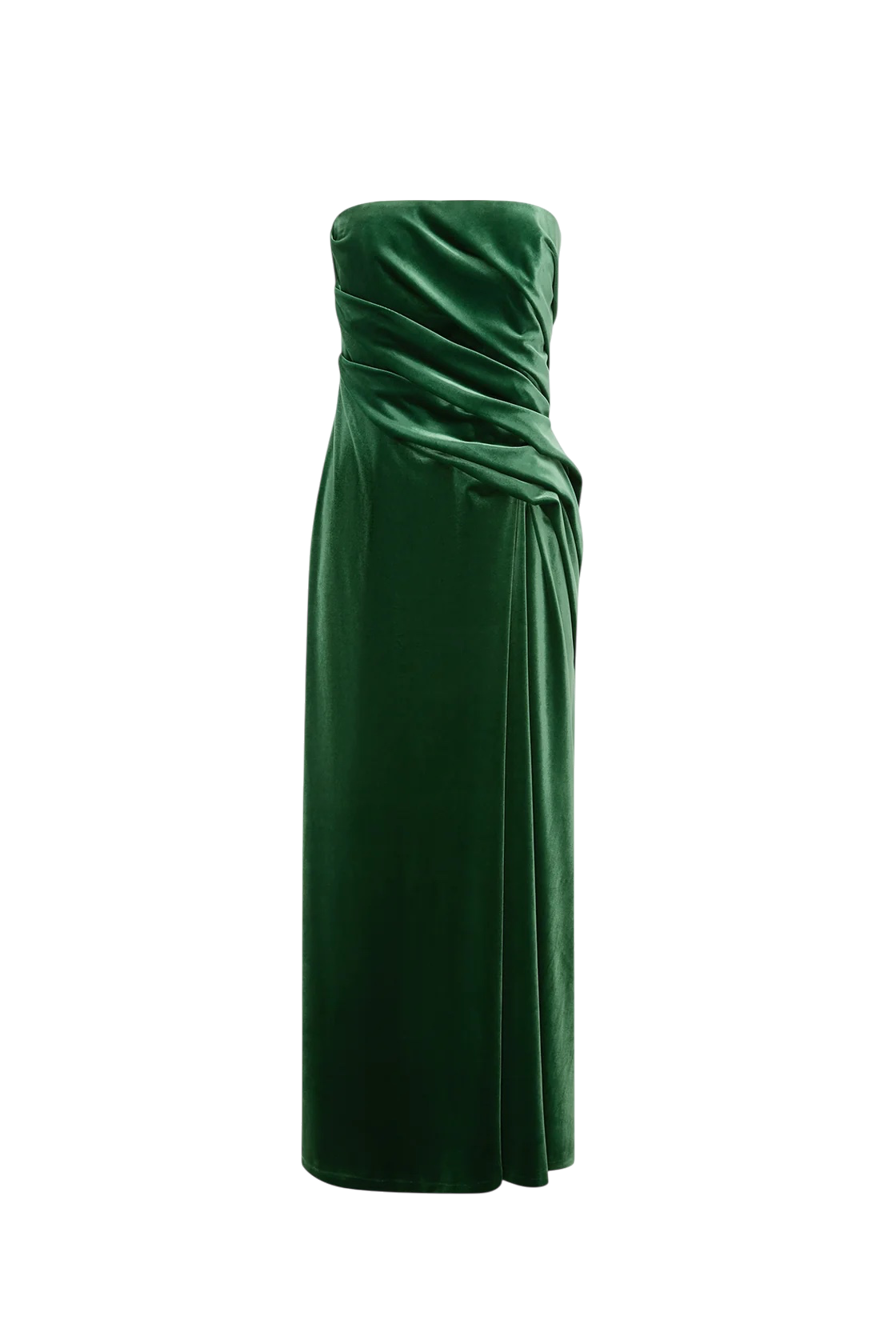 A strapless dark green velvet dress with a ruched draped bodice and a side slit, shown against a plain white background.