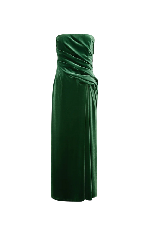 A strapless dark green velvet dress with a ruched draped bodice and a side slit, shown against a plain white background.