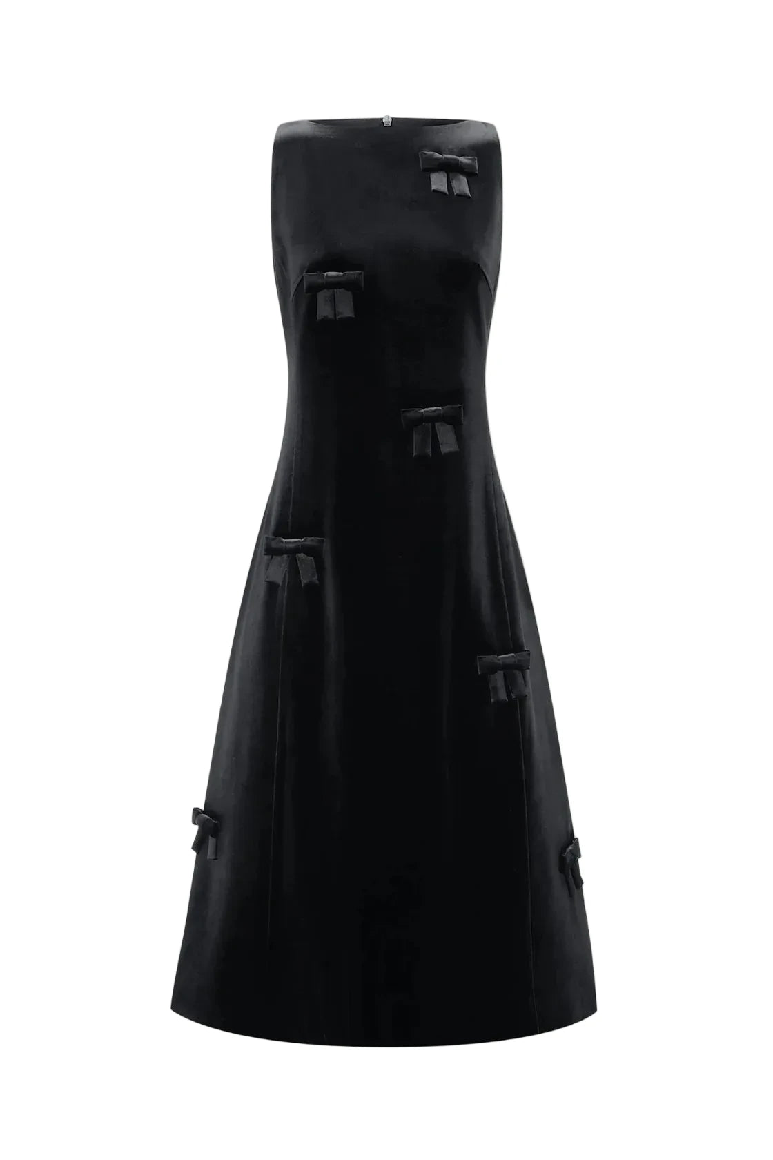A black strapless midi dress with structured, boxy panel details and tassel-like accents, shown against a plain light gray background.