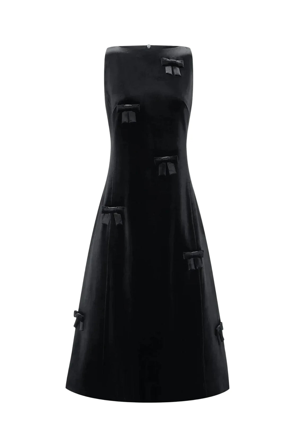 A black strapless midi dress with structured, boxy panel details and tassel-like accents, shown against a plain light gray background.