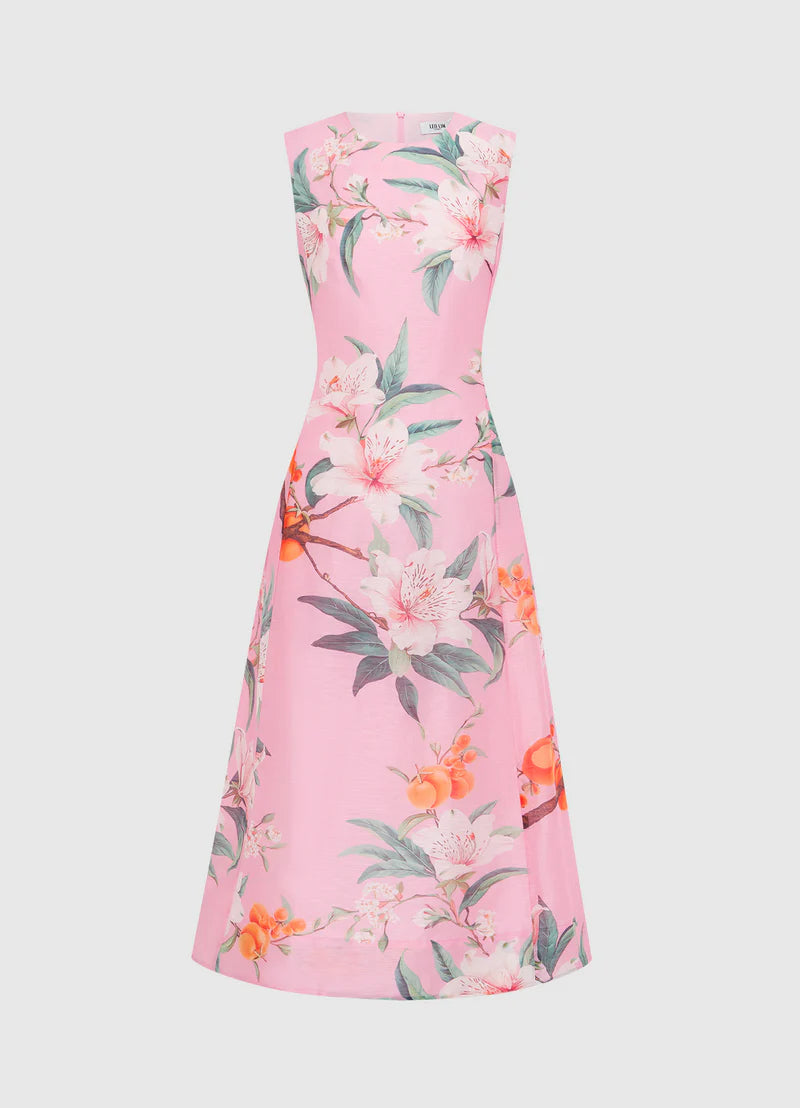 blush floral print LEO LIN midi dress in a white background 