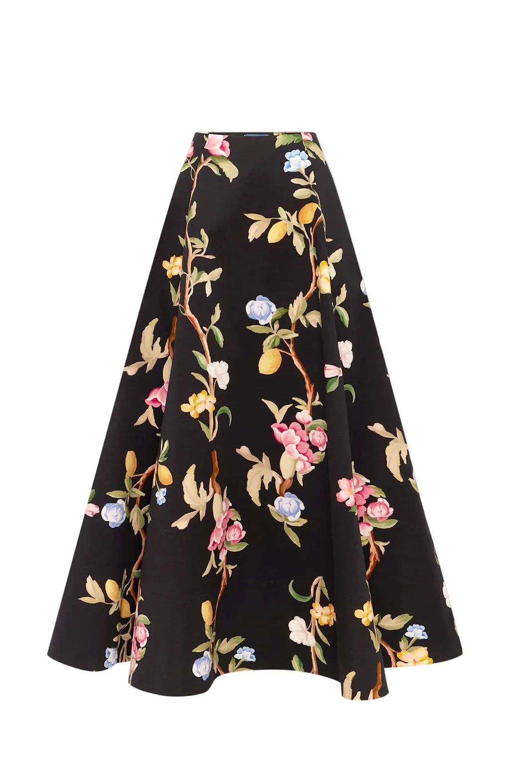 Black floral skirt with colorful flowers on a white background