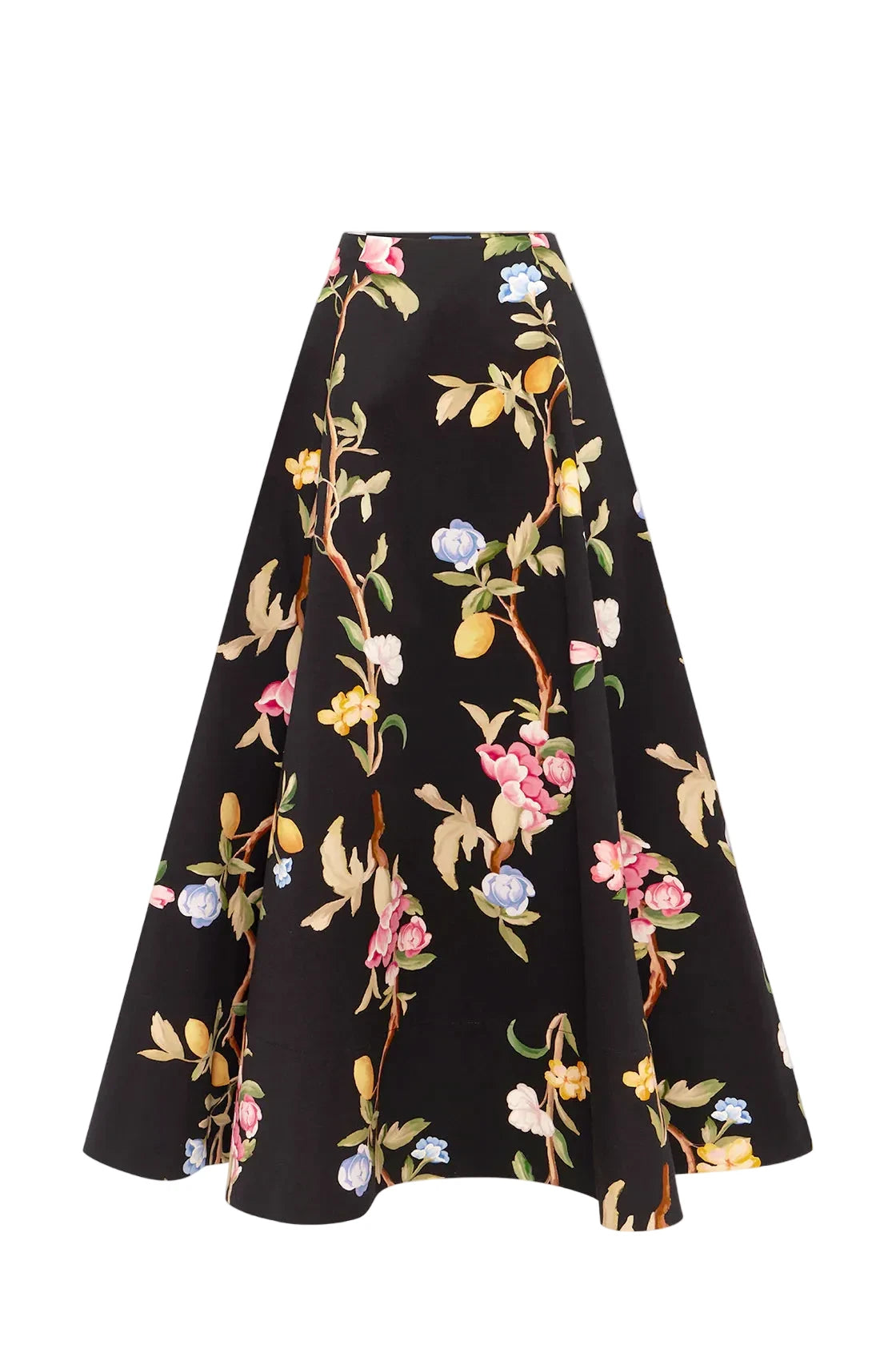 Black floral skirt with colorful flowers on a white background
