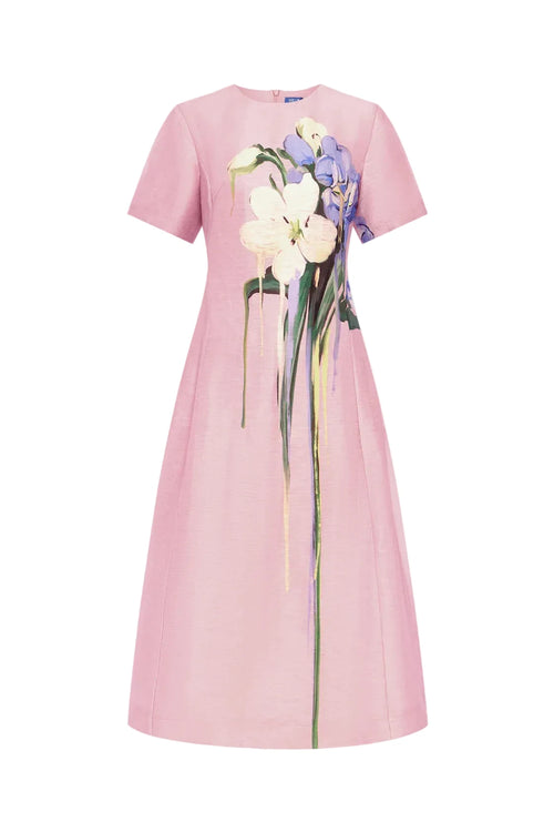 Pink dress with floral design on a white background CAROLINE LEO LIN DRESS