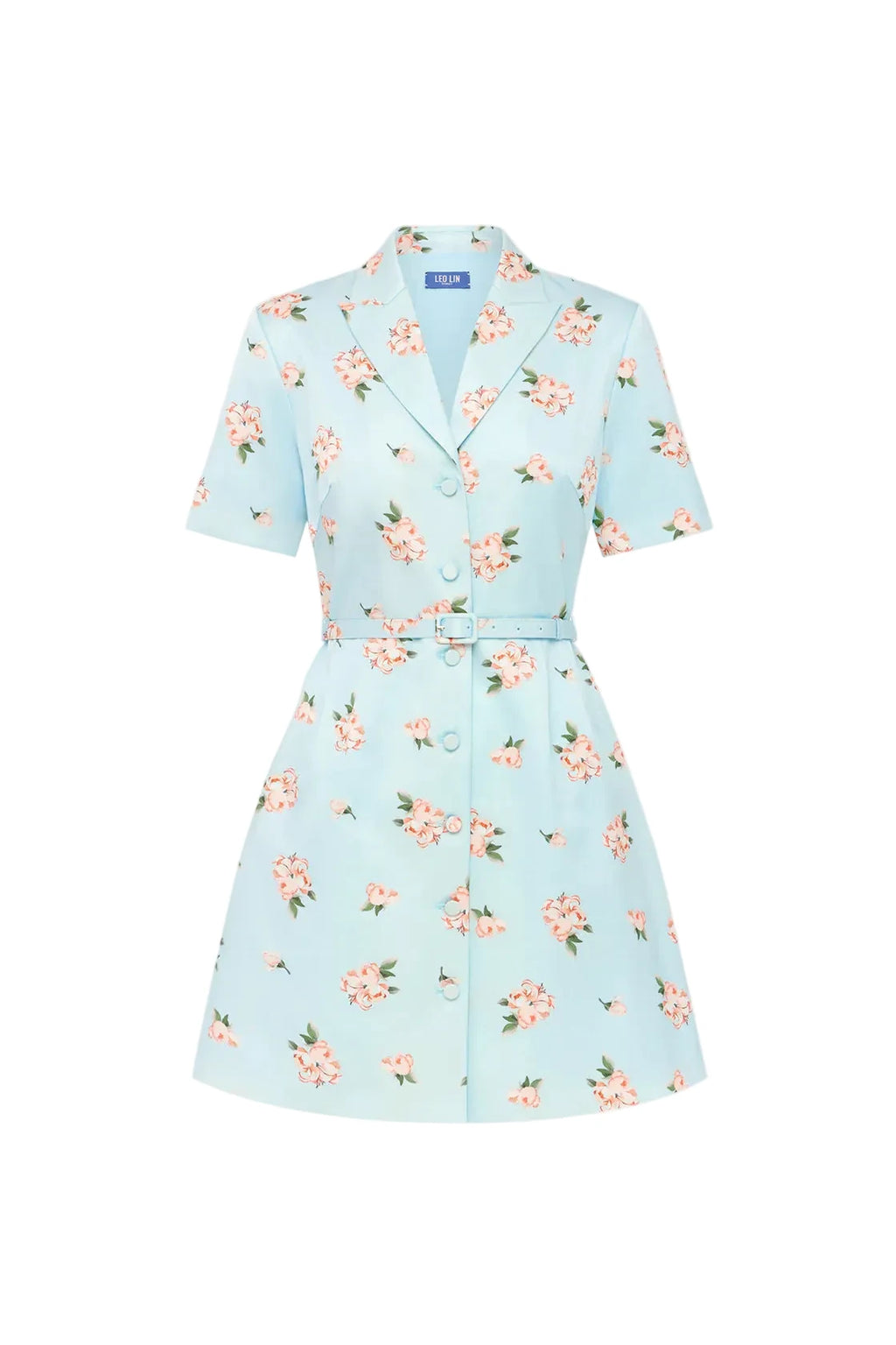 Light blue dress with floral pattern on a white background. Caroline dress ditsy floral print LEO LIN