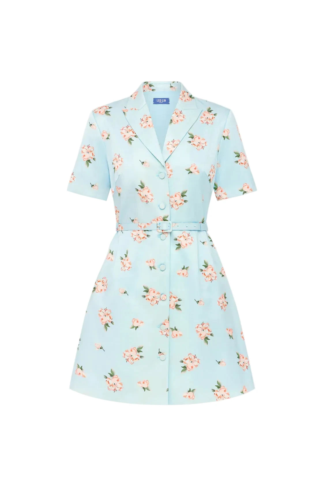 Light blue dress with floral pattern on a white background. Caroline dress ditsy floral print LEO LIN