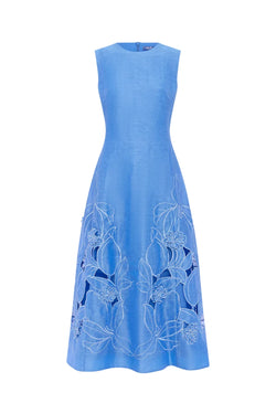 Blue dress with floral embroidery on a white background