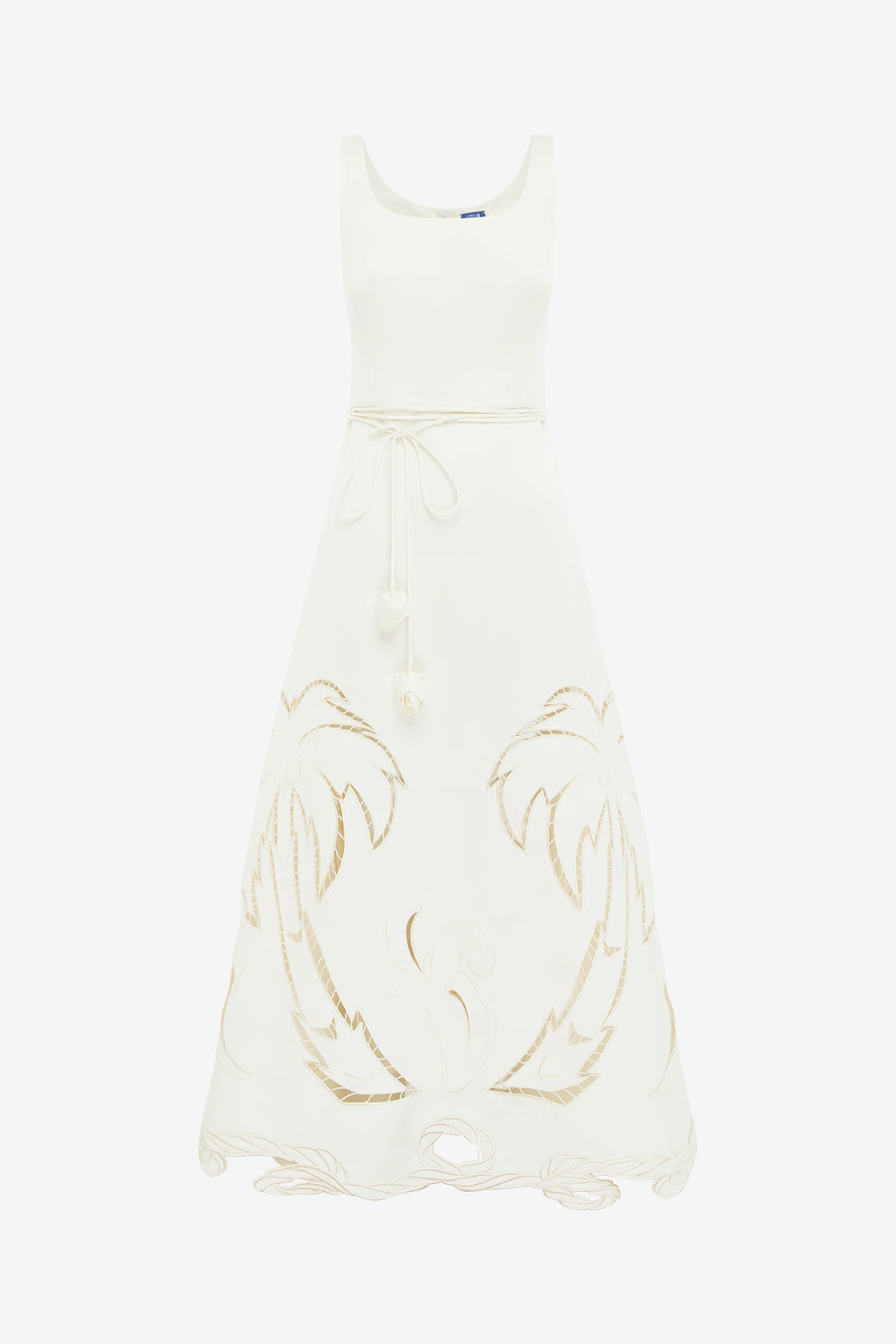 White dress with gold embroidery on a white background
