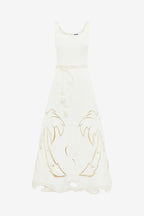 White dress with gold embroidery on a white background