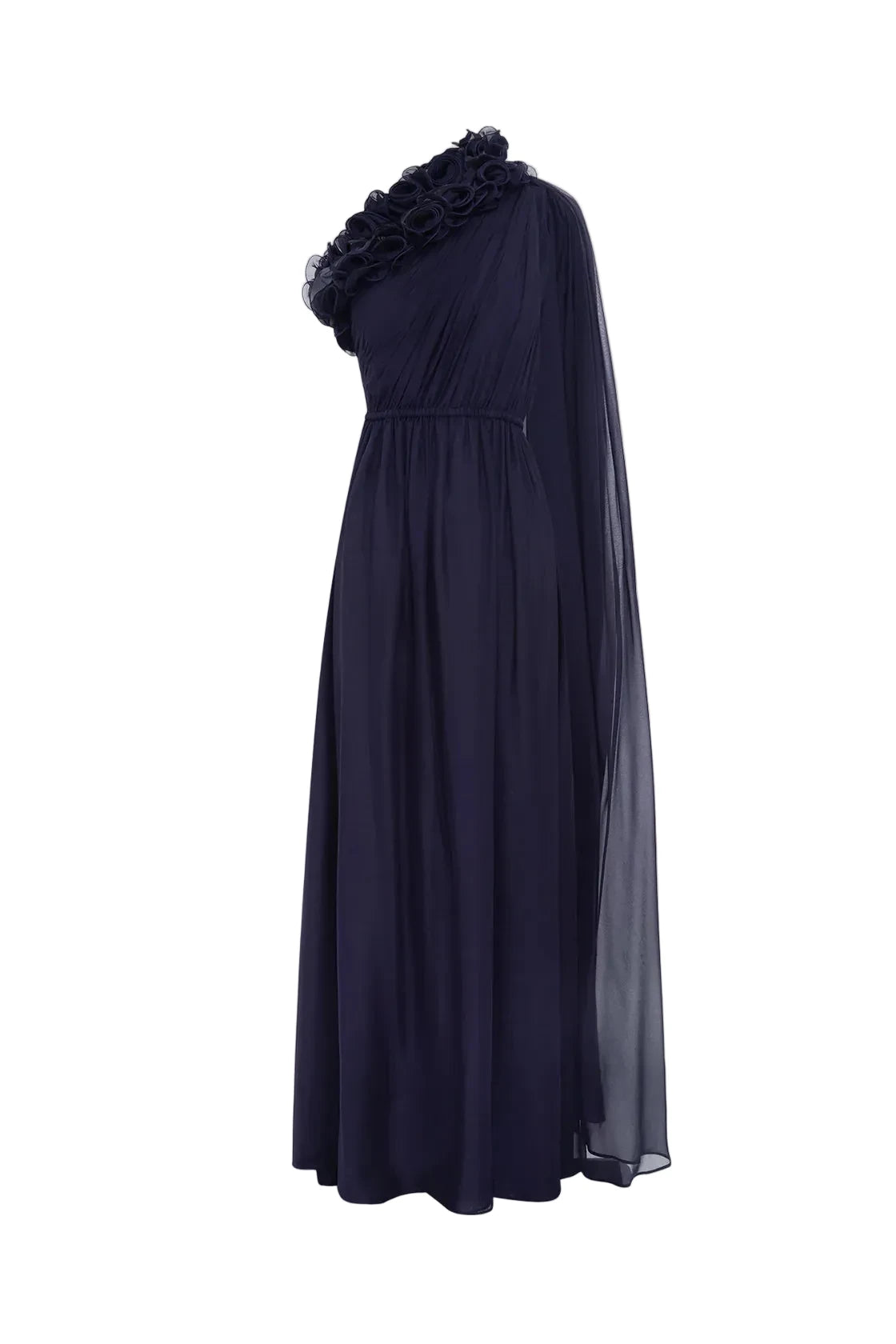 Navy blue one-shoulder dress with floral details on a white background