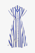 Blue and white striped dress with a belt on a white background