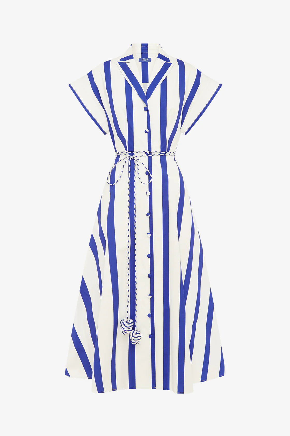 Blue and white striped dress with a belt on a white background