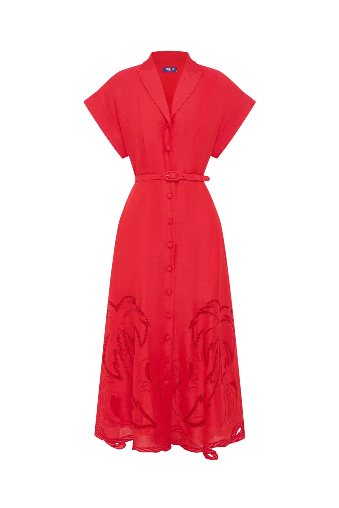Red dress with a belt on a white background