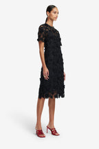 Black lace dress worn by a model on a white background