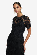 Woman wearing a black lace dress on a white background