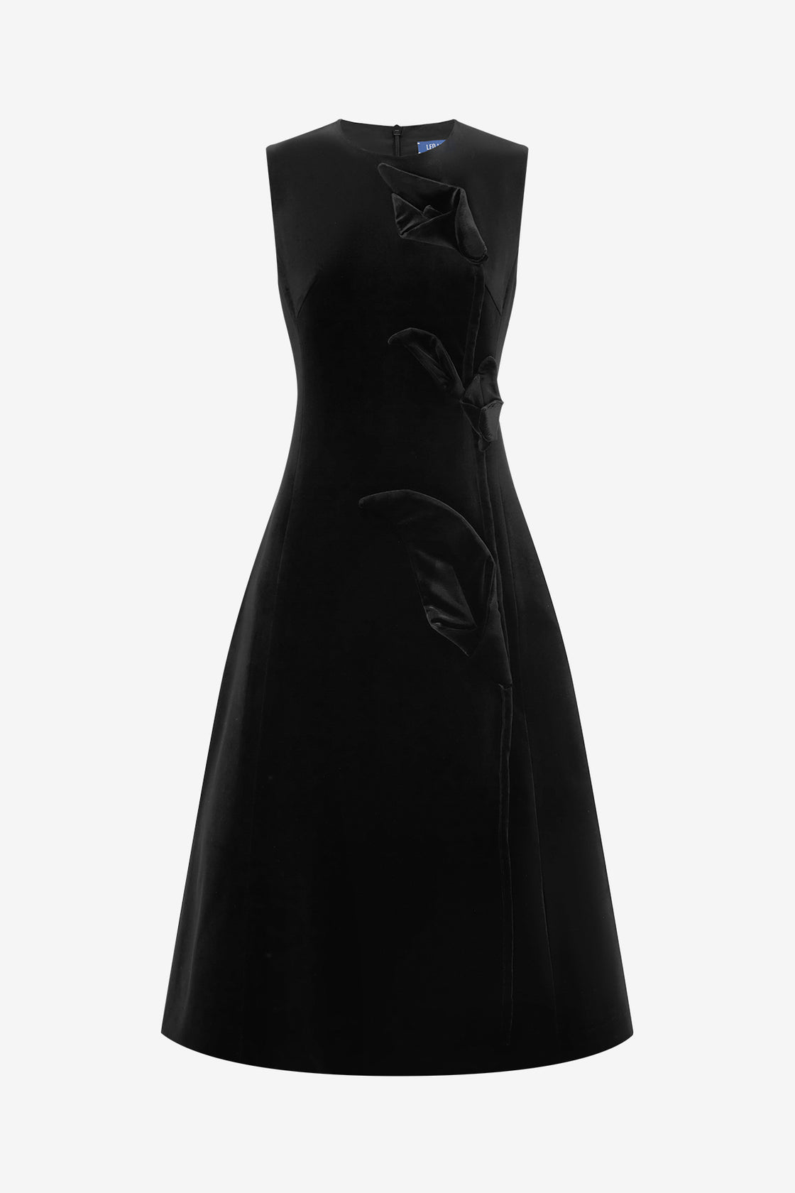 Black dress with a bow detail on a white background