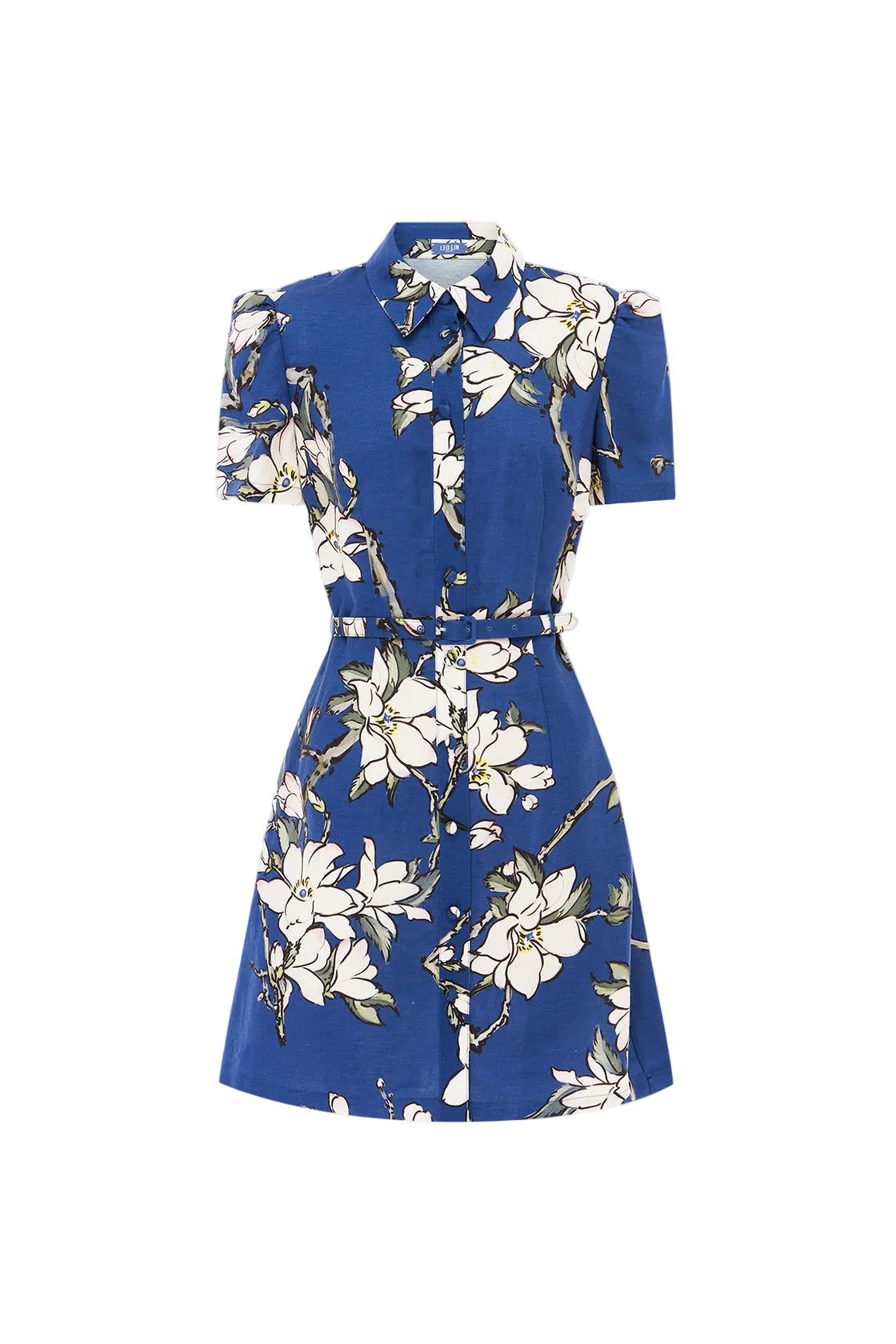 Blue dress with floral pattern on a white background
