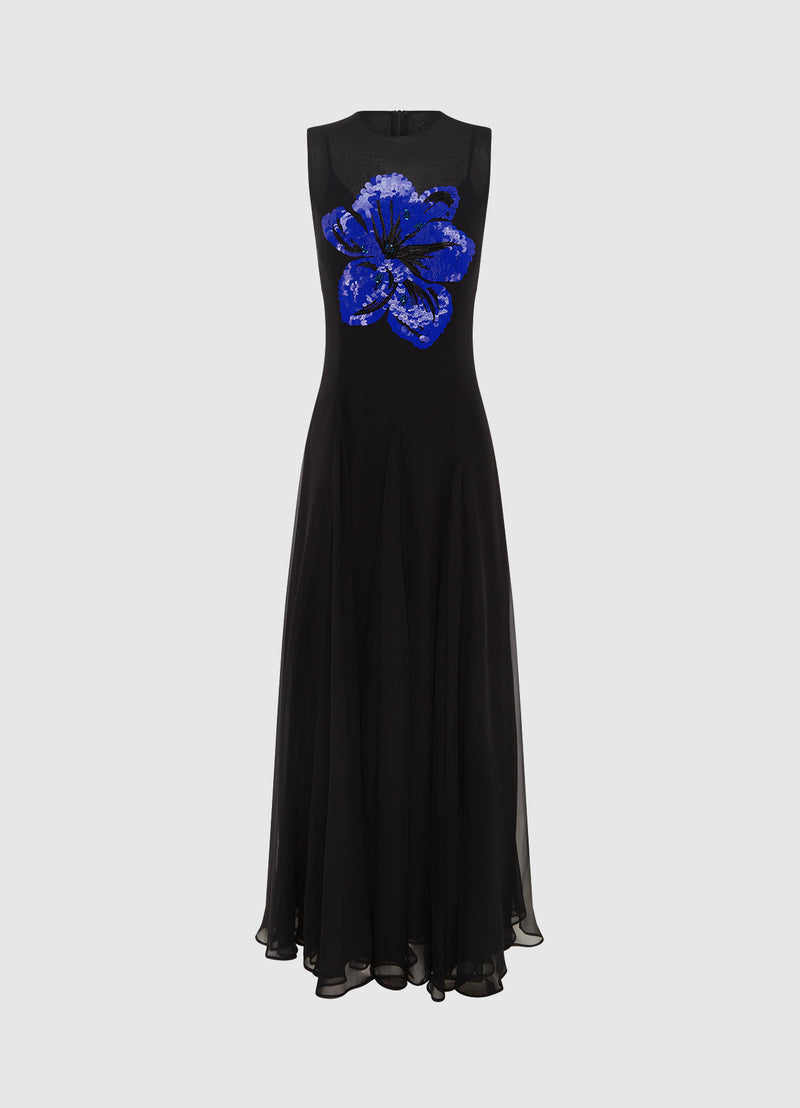 black maxi dress with a round neckline and embellished floral motif, with a fitted waistline and A-line maxi skirt.