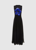 black maxi dress with a round neckline and embellished floral motif, with a fitted waistline and A-line maxi skirt.