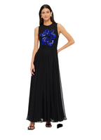 Black sleeveless dress with blue floral embellishments on a white background