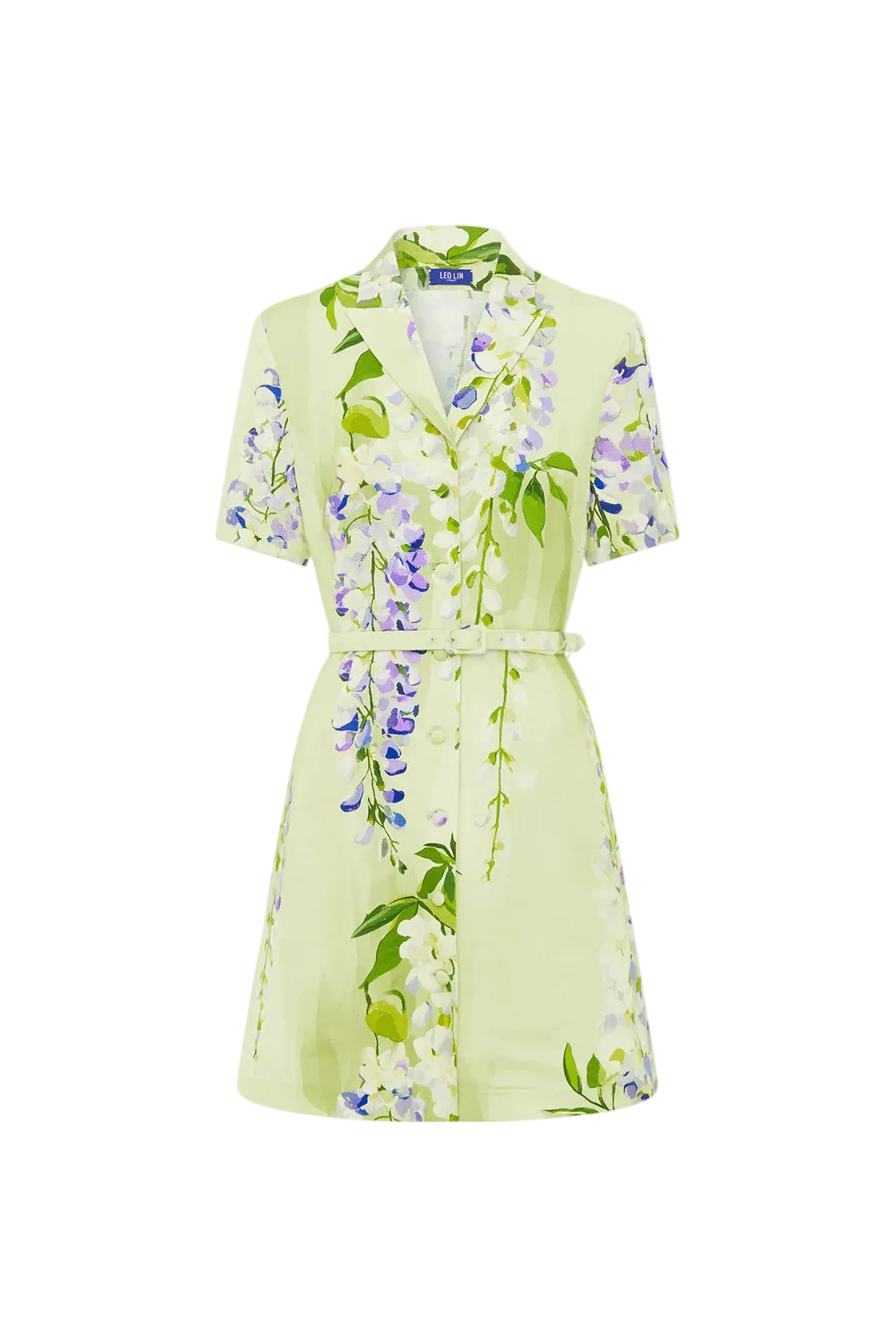 A cascading lilac dream! These beautiful lilac wisteria blooms tumble down a soft lime canvas. This print evokes pure fresh air, and feels like floating through a tranquil, sun-drenched garden on the first day of spring.

Premium linen blend mini dress
Exclusive LEO LIN Wisteria Print
Collared neckline
Short sleeves
Front button opening
A-line mini skirt
Matching belt included