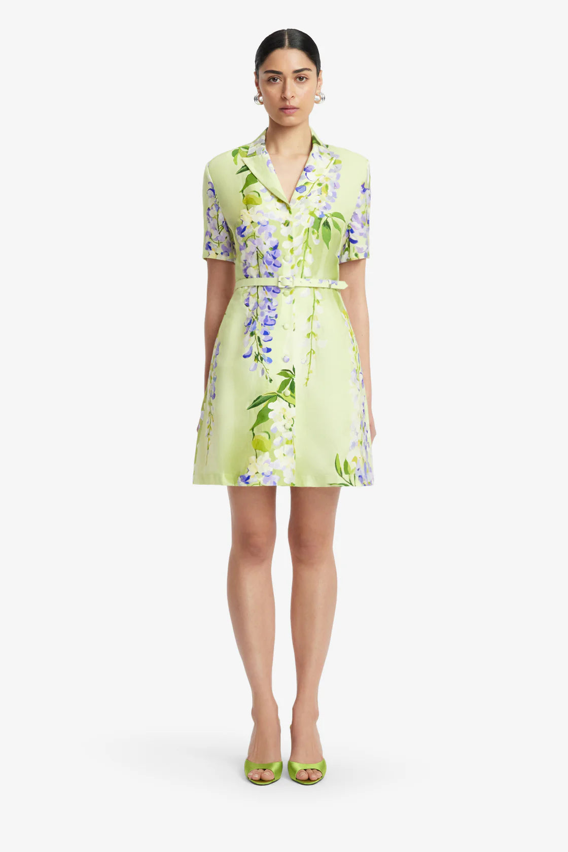 a women wearing Brigitte mini dress

Premium linen blend mini dress
Exclusive LEO LIN Wisteria Print
Collared neckline
Short sleeves
Front button opening
A-line mini skirt
Matching belt included