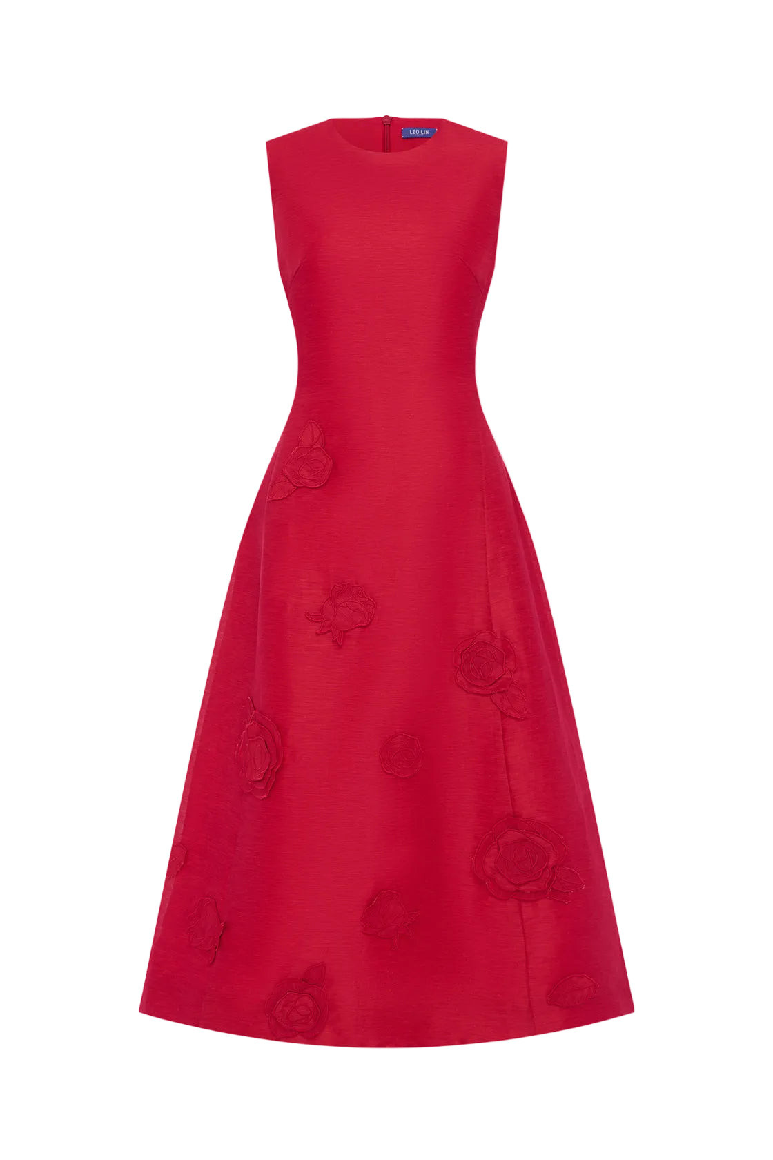 Red dress with floral patterns on a white background