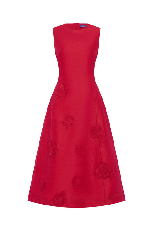 Red dress with floral patterns on a white background