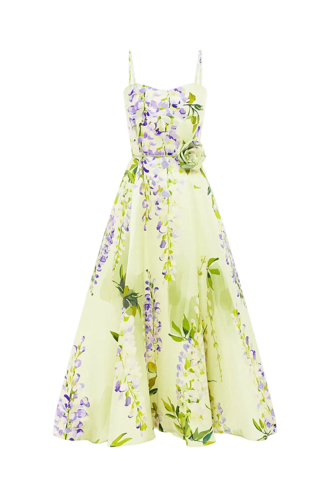 A cascading lilac dream! These beautiful lilac wisteria blooms tumble down a soft lime canvas. This print evokes pure fresh air, and feels like floating through a tranquil, sun-drenched garden on the first day of spring.

Premium silk linen midi dress
Sweetheart neckline
Thin shoulder straps
A-line silhouette LEO LIN
Elasticated ruched back
Invisible back zip closure
Fully lined
Matching floral belt included