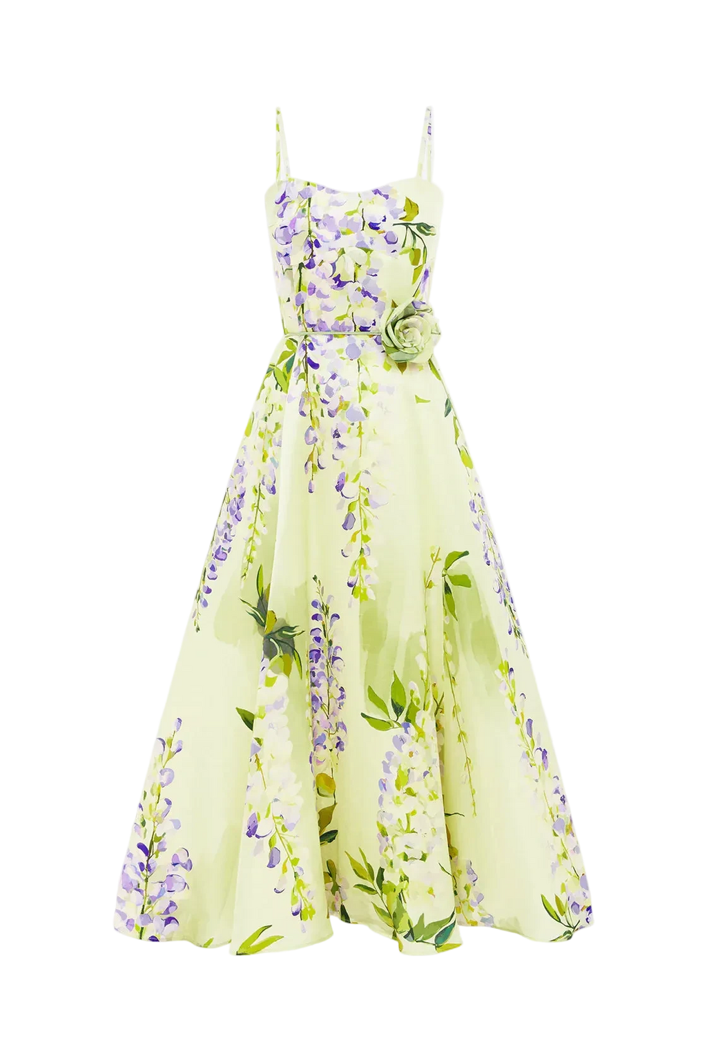 A cascading lilac dream! These beautiful lilac wisteria blooms tumble down a soft lime canvas. This print evokes pure fresh air, and feels like floating through a tranquil, sun-drenched garden on the first day of spring.

Premium silk linen midi dress
Sweetheart neckline
Thin shoulder straps
A-line silhouette LEO LIN
Elasticated ruched back
Invisible back zip closure
Fully lined
Matching floral belt included